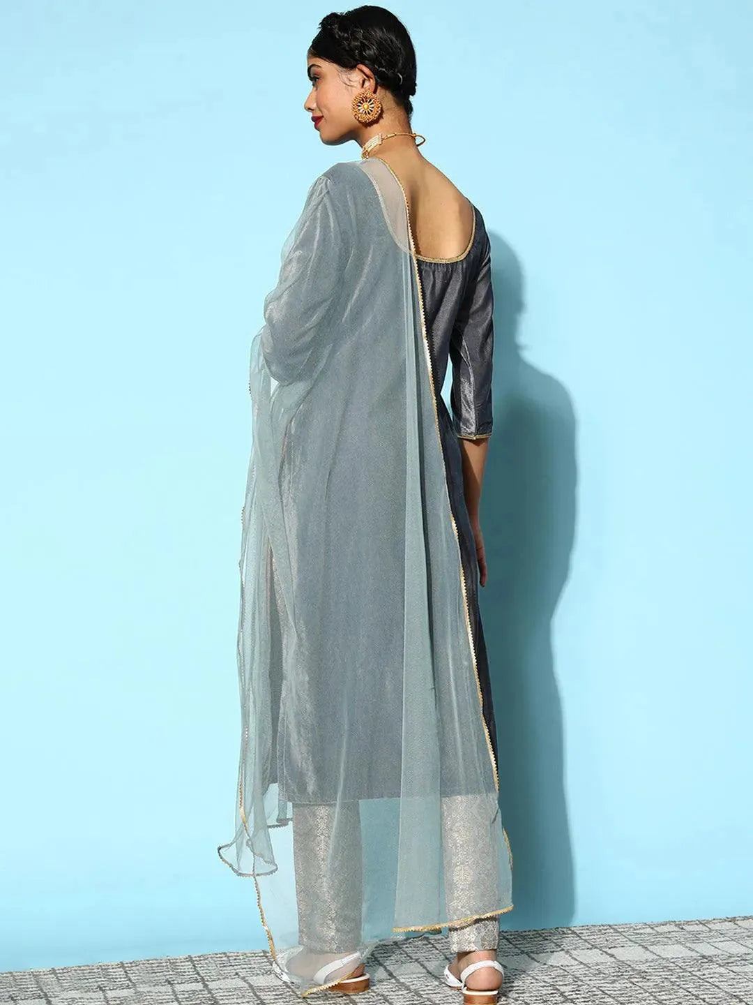Grey Solid Velvet Straight Suit Set - Libas 