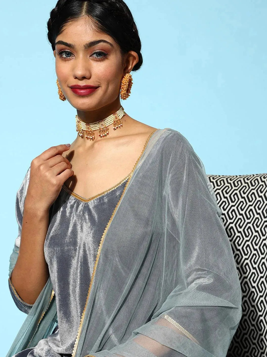 Grey Solid Velvet Straight Suit Set - Libas 