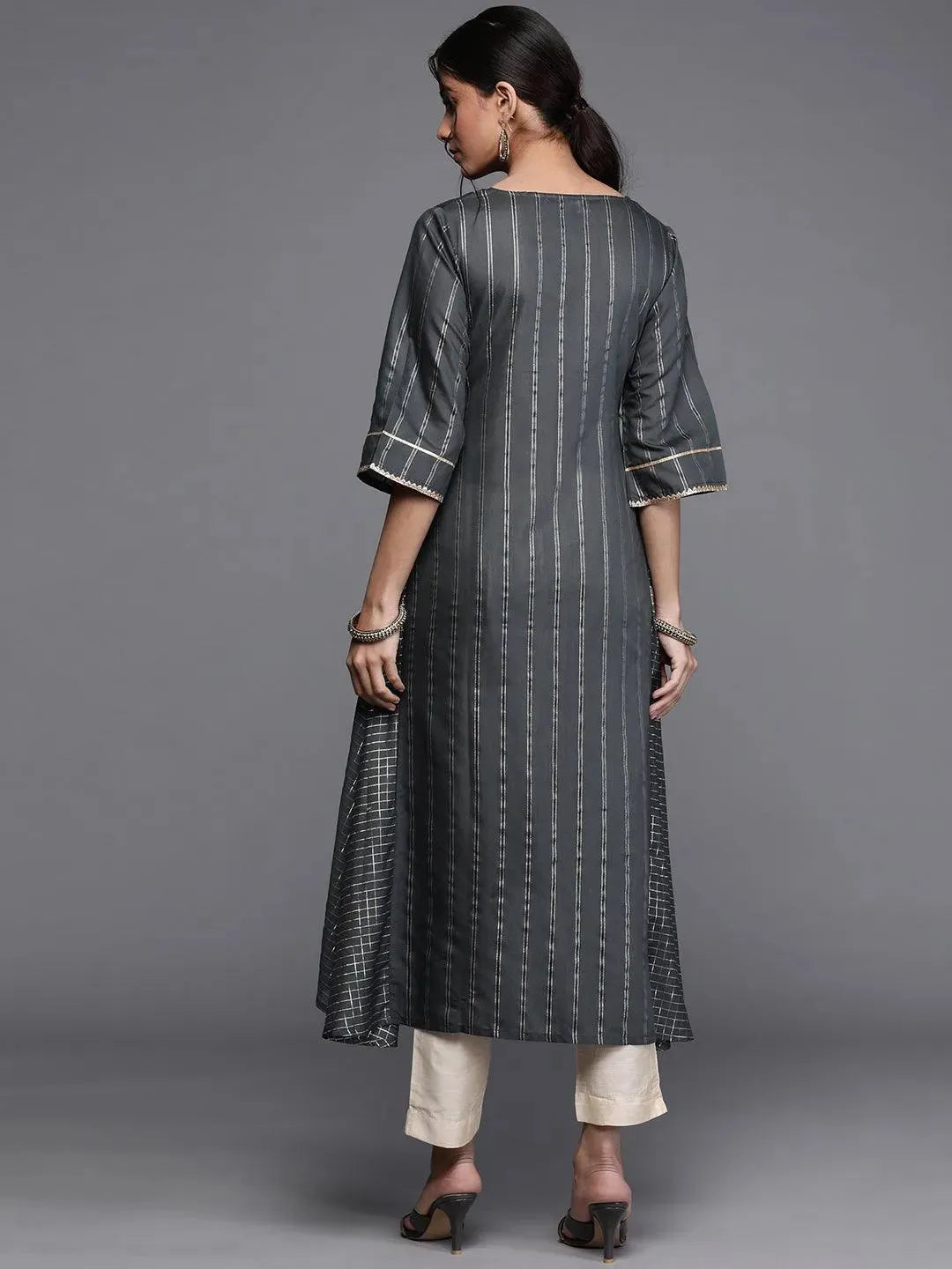 Grey Striped Chanderi Silk Kurta - Libas 