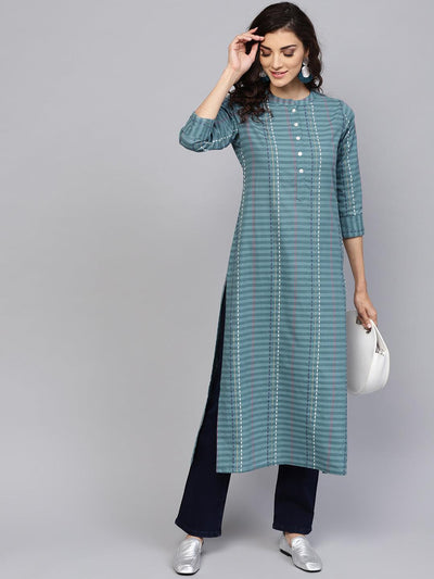 Ethnic Kutch Work Embroidered A- Line Kurta with Pant & Dupatta - Blue –  FASHOR