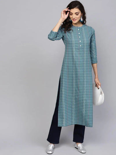 Grey Striped Cotton Kurta - Libas