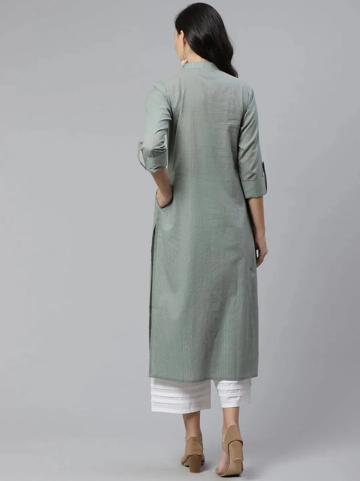 Grey Striped Cotton Kurta - Libas