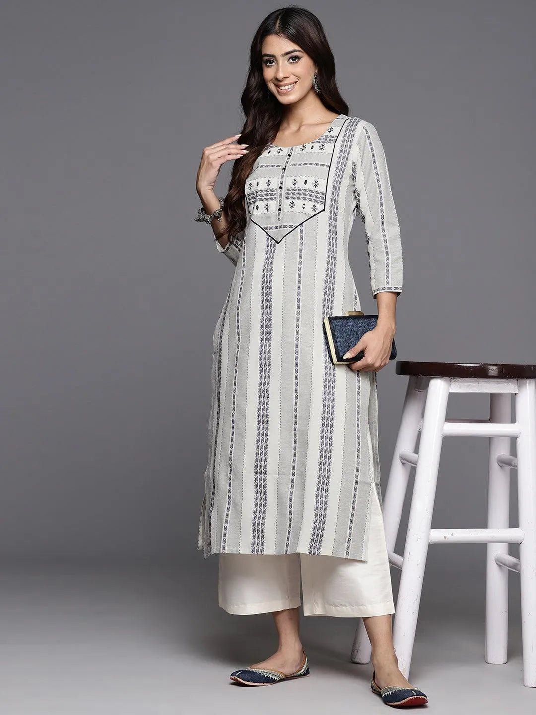 Grey Striped Cotton Straight Kurta - Libas 