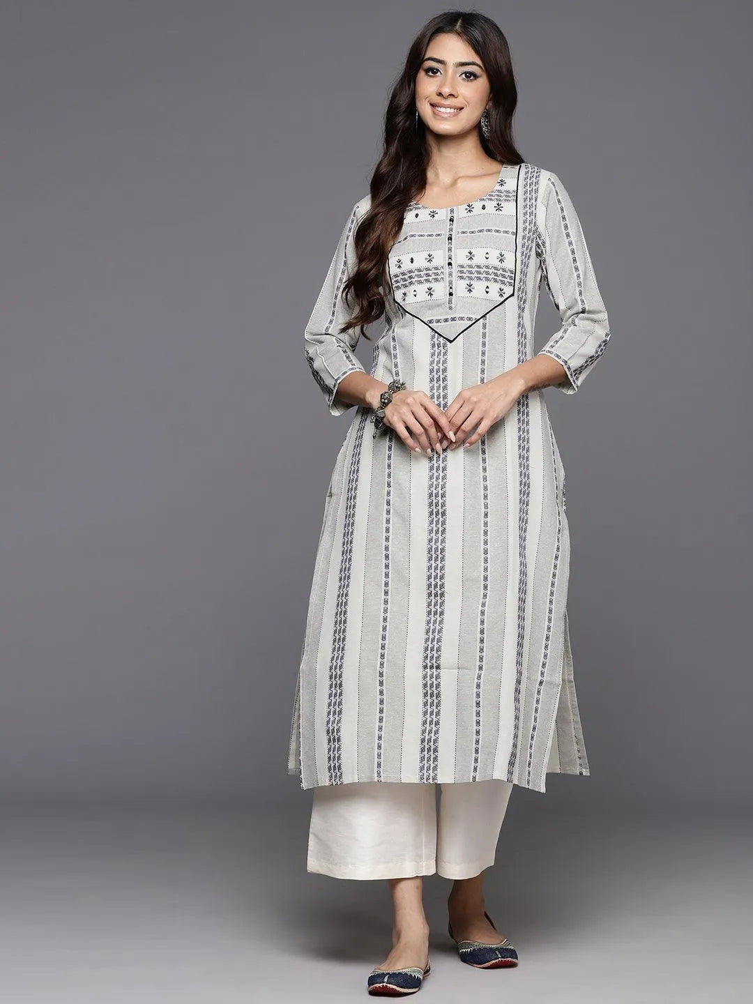 Grey Striped Cotton Straight Kurta - Libas 