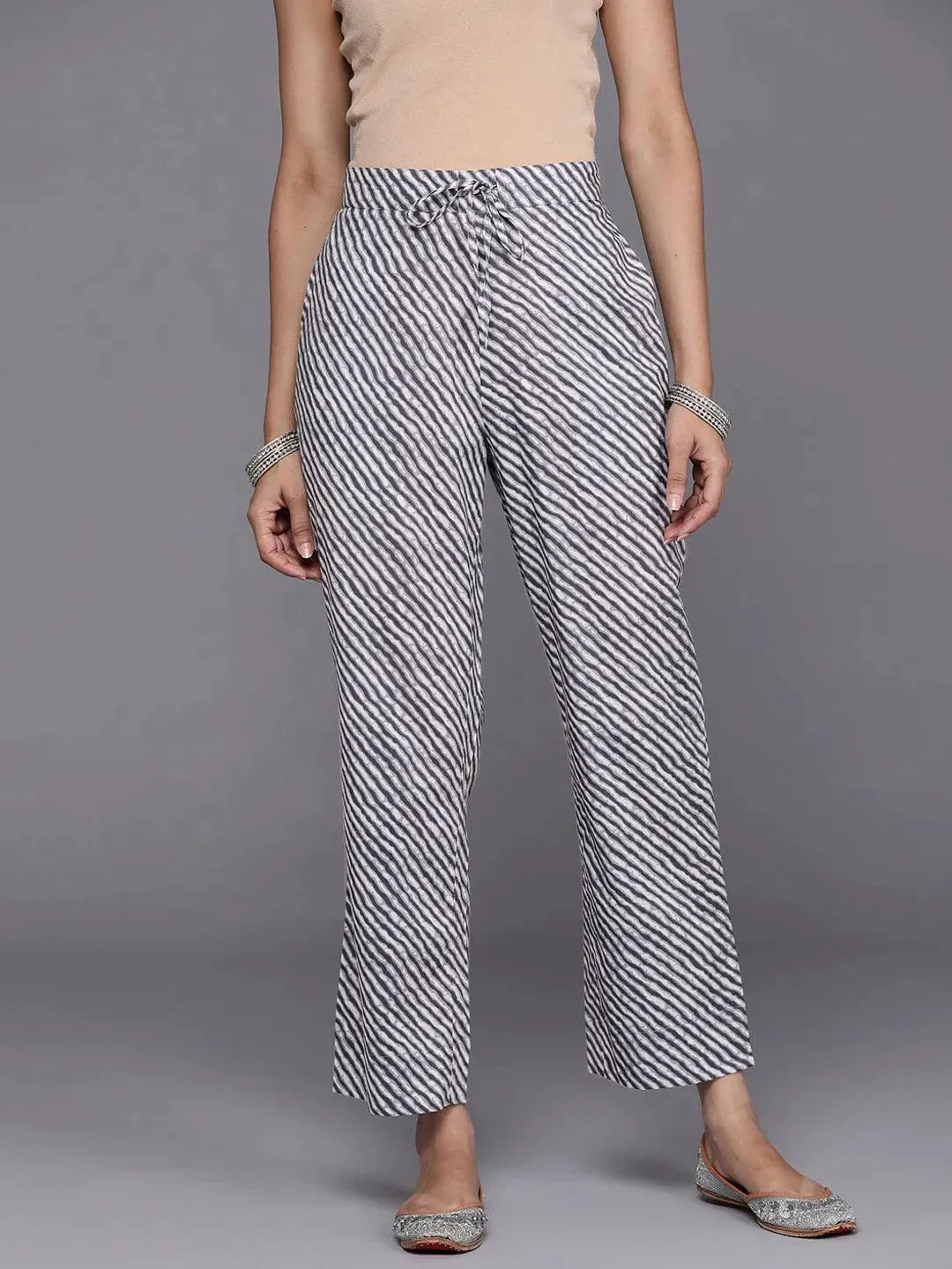 Grey Striped Cotton Trousers - Libas 