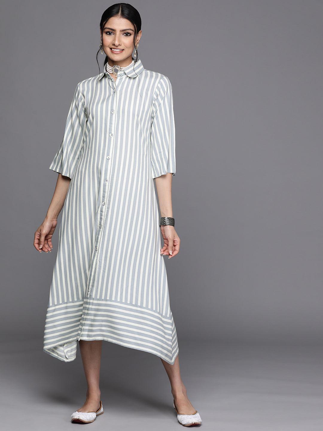 Grey Striped Rayon Dress