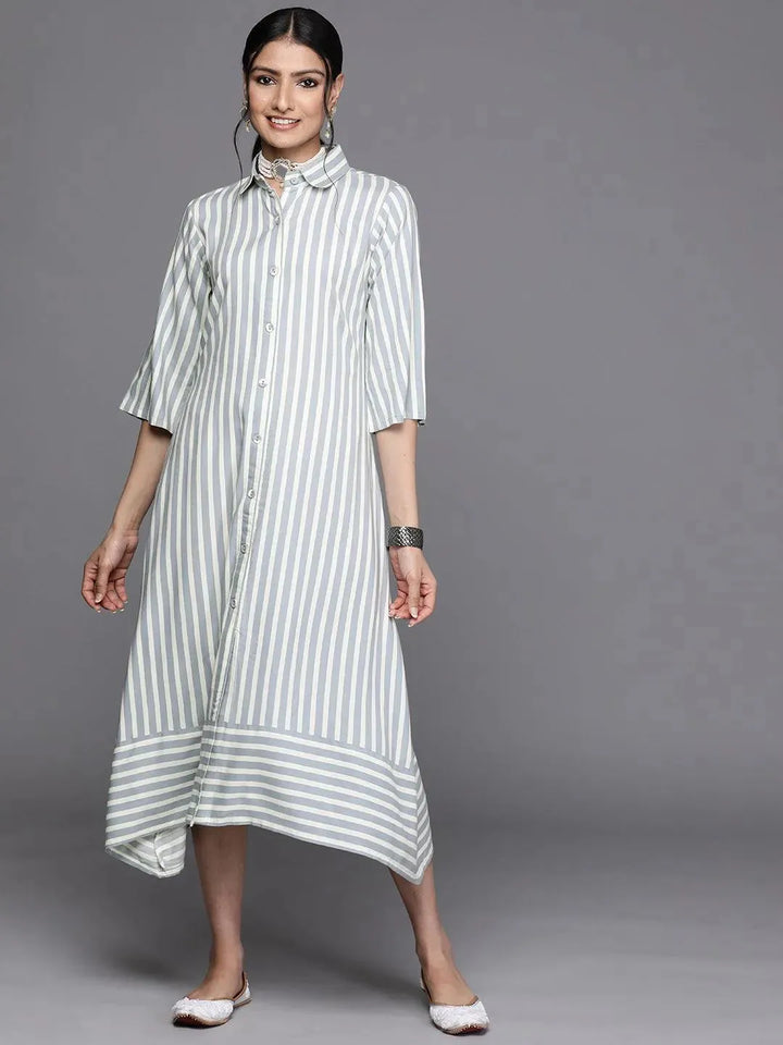 Grey Striped Rayon Dress - Libas