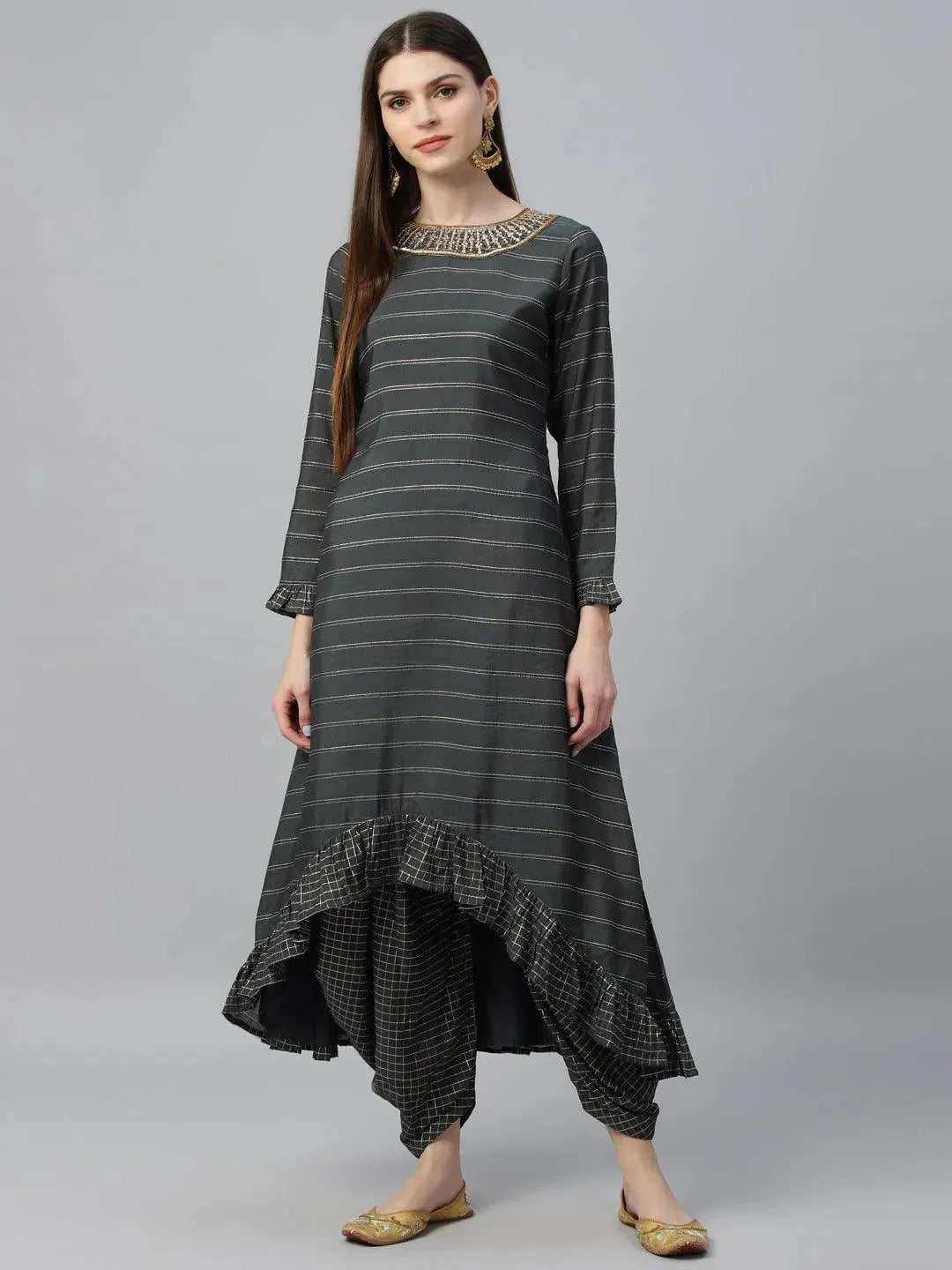 Grey Striped Shantoon Kurta Set - Libas