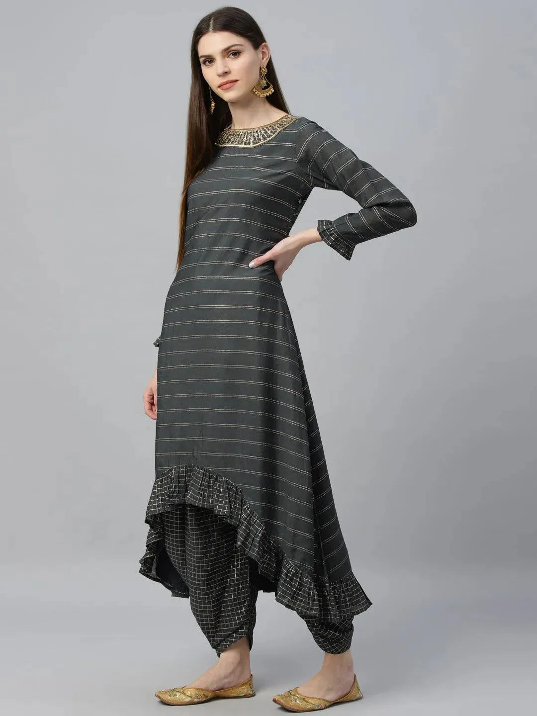 Grey Striped Shantoon Kurta Set - Libas