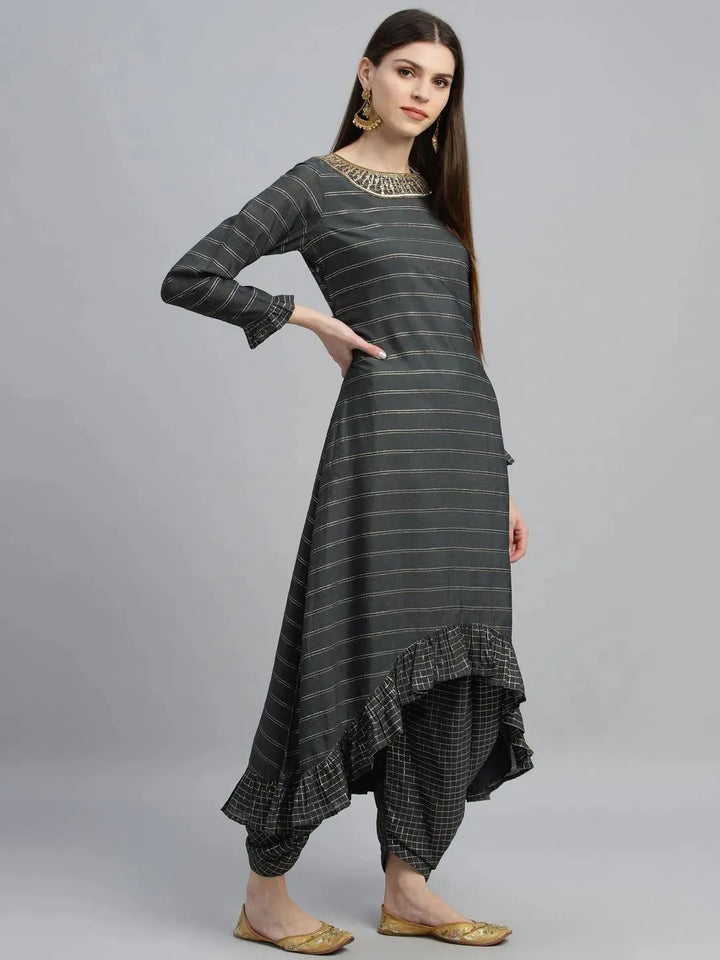 Grey Striped Shantoon Kurta Set - Libas