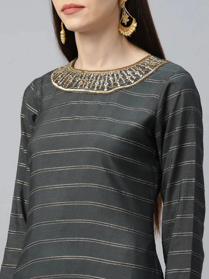 Grey Striped Shantoon Kurta Set - Libas