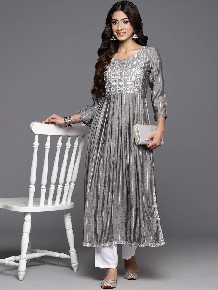 Grey Striped Silk A-Line Kurta - Libas