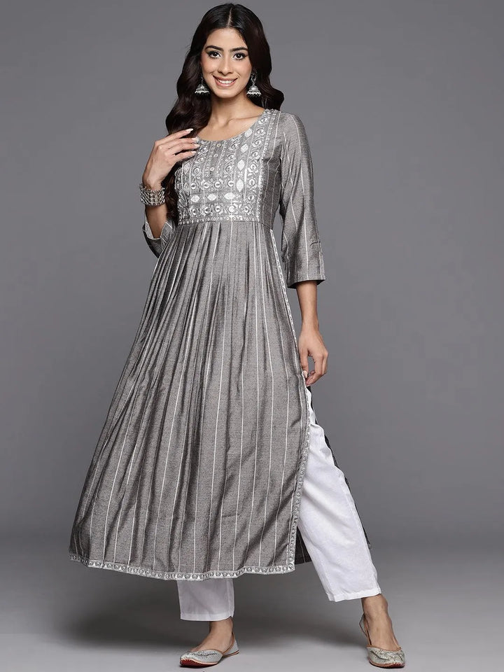 Grey Striped Silk A-Line Kurta - Libas