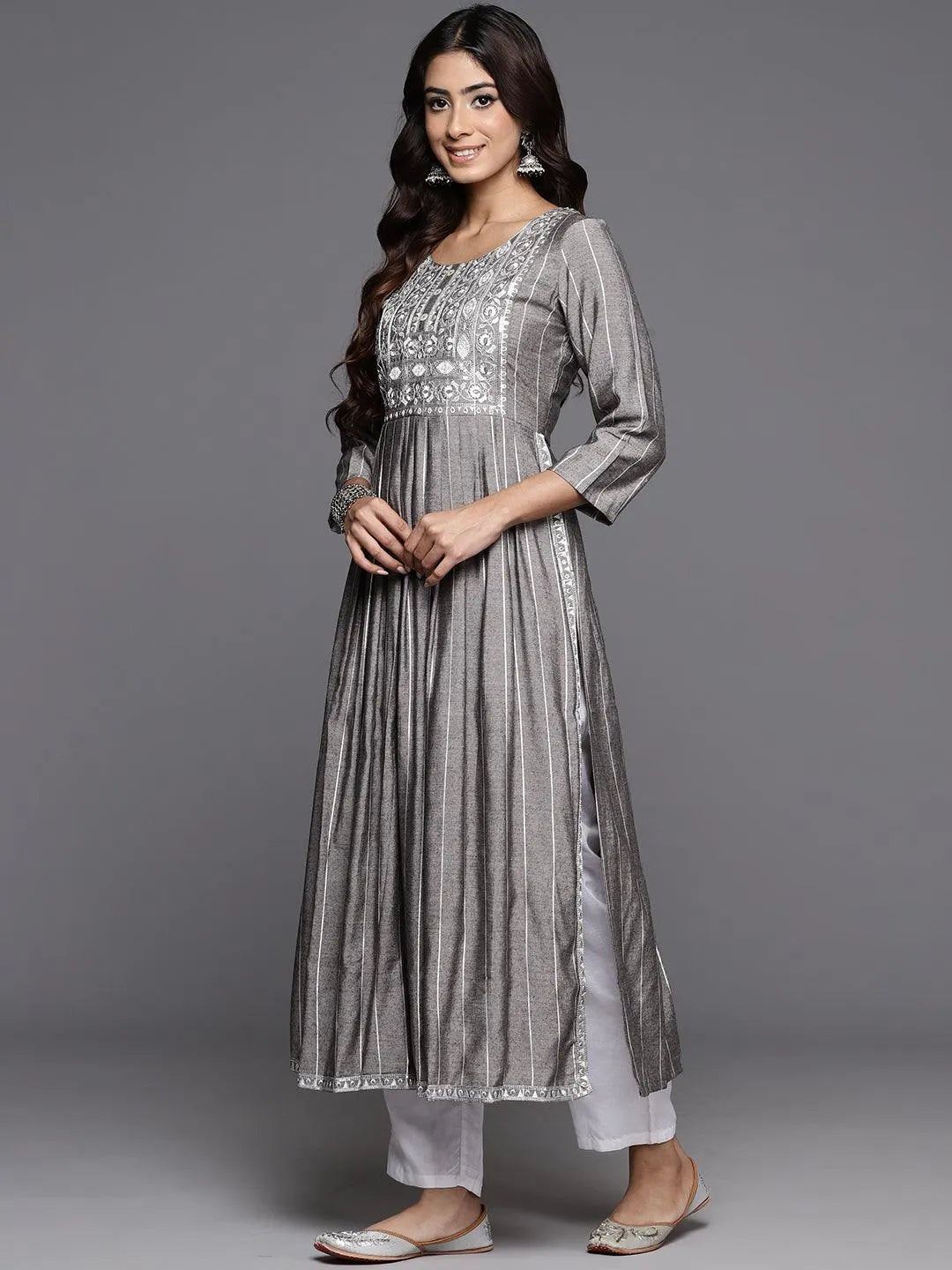 Grey Striped Silk A-Line Kurta - Libas 