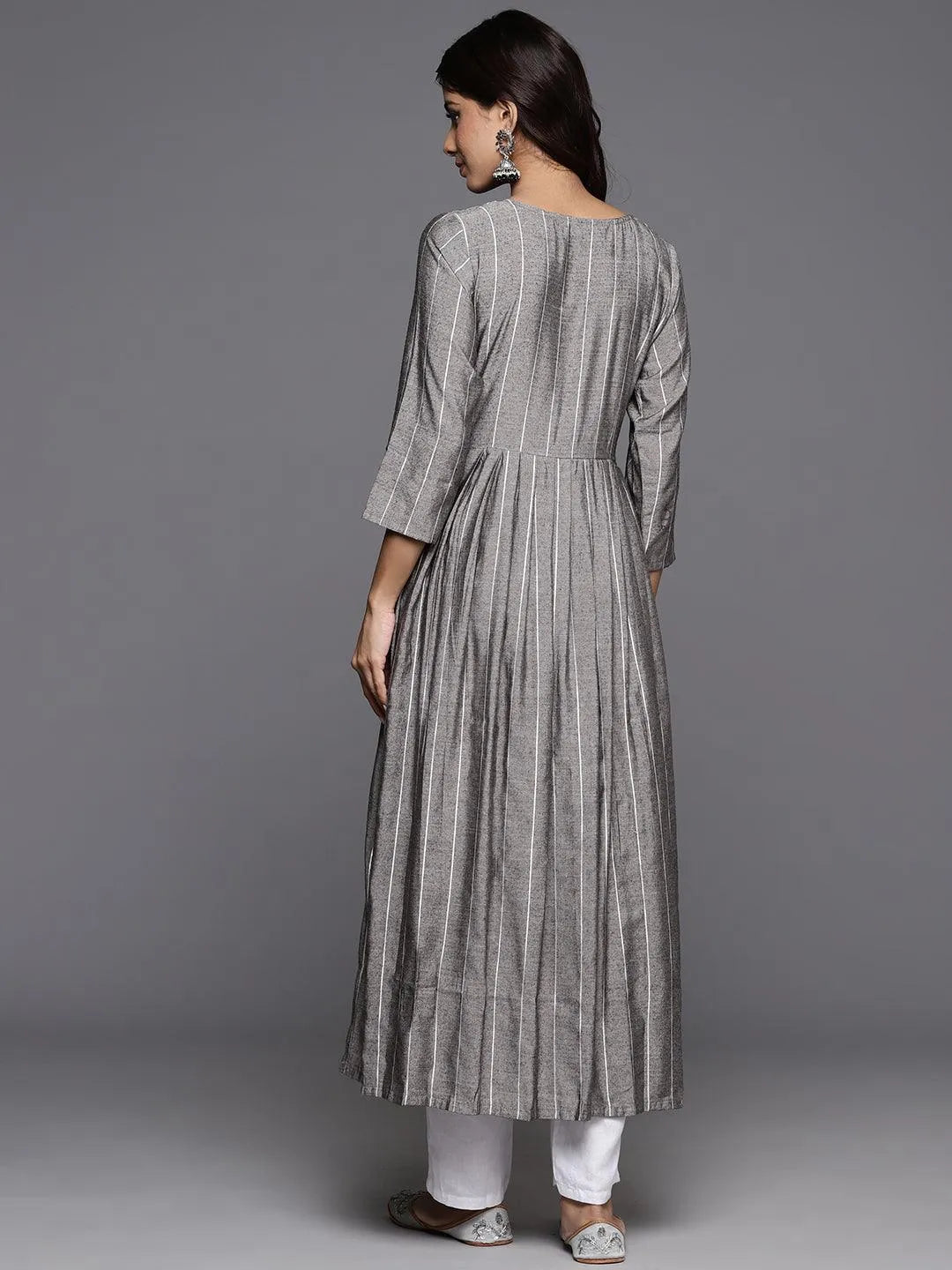 Grey Striped Silk A-Line Kurta - Libas 