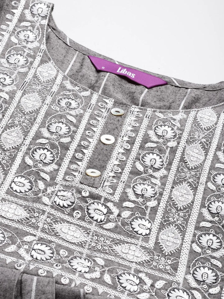Grey Striped Silk A-Line Kurta - Libas