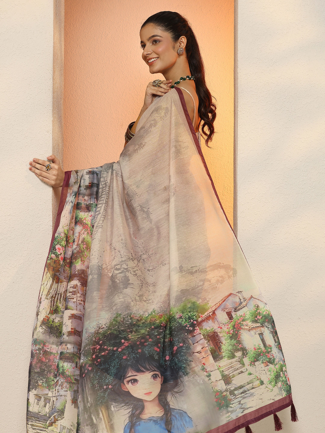 Grey Tribal Printed Sarees With Unstitched Blouse Piece