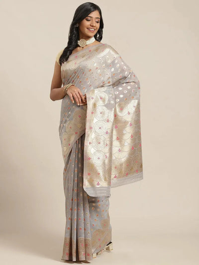 Grey Woven Design Brocade Saree - Libas