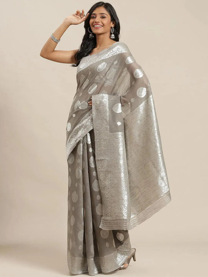 Grey Woven Design Brocade Saree - Libas