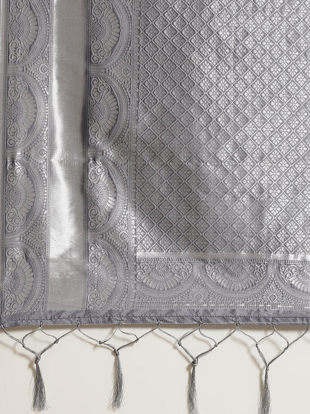 Grey Woven Design Brocade Saree - Libas