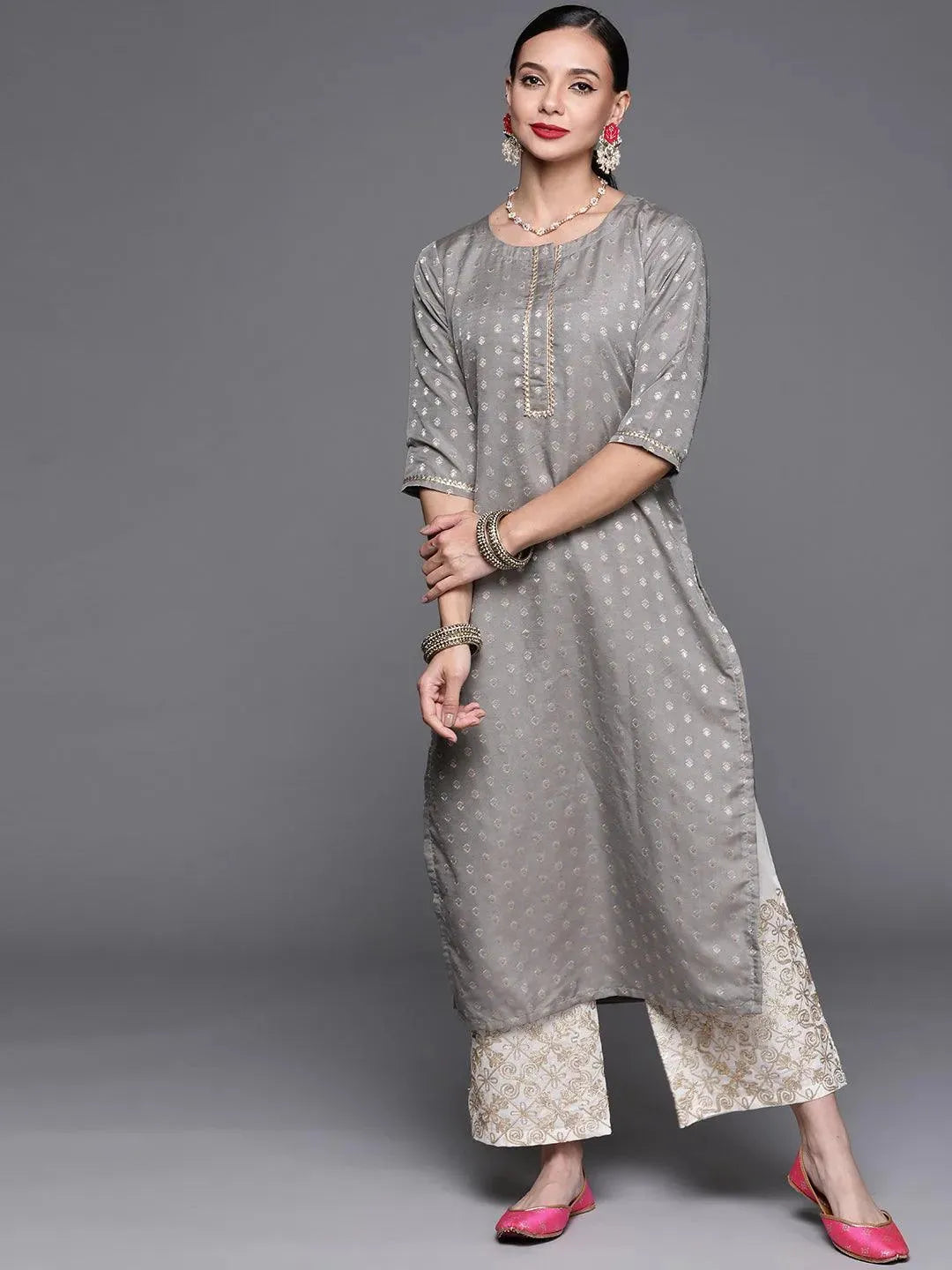 Grey Woven Design Chanderi Silk Kurta - Libas