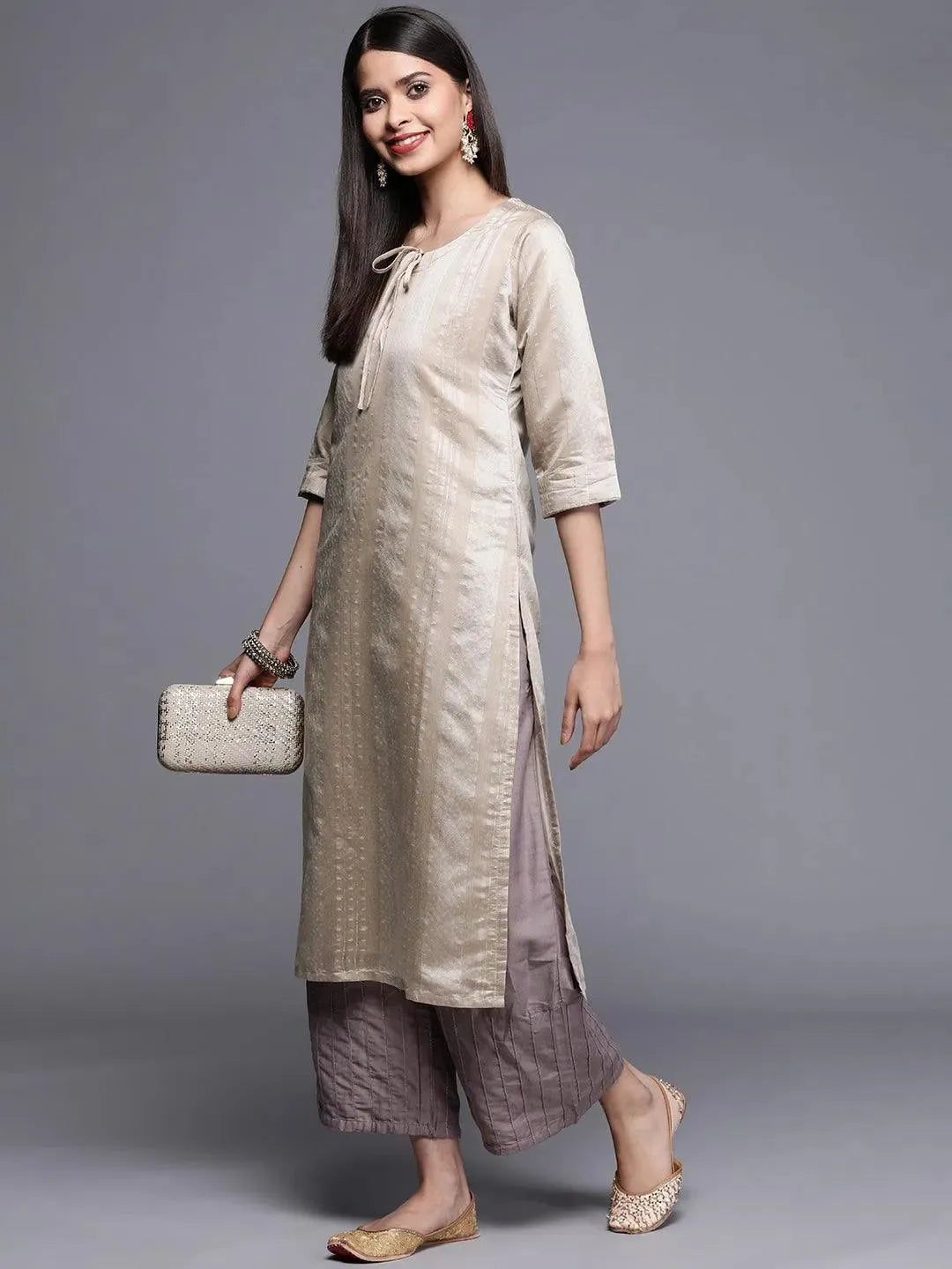 Grey Woven Design Chanderi Silk Kurta - Libas 