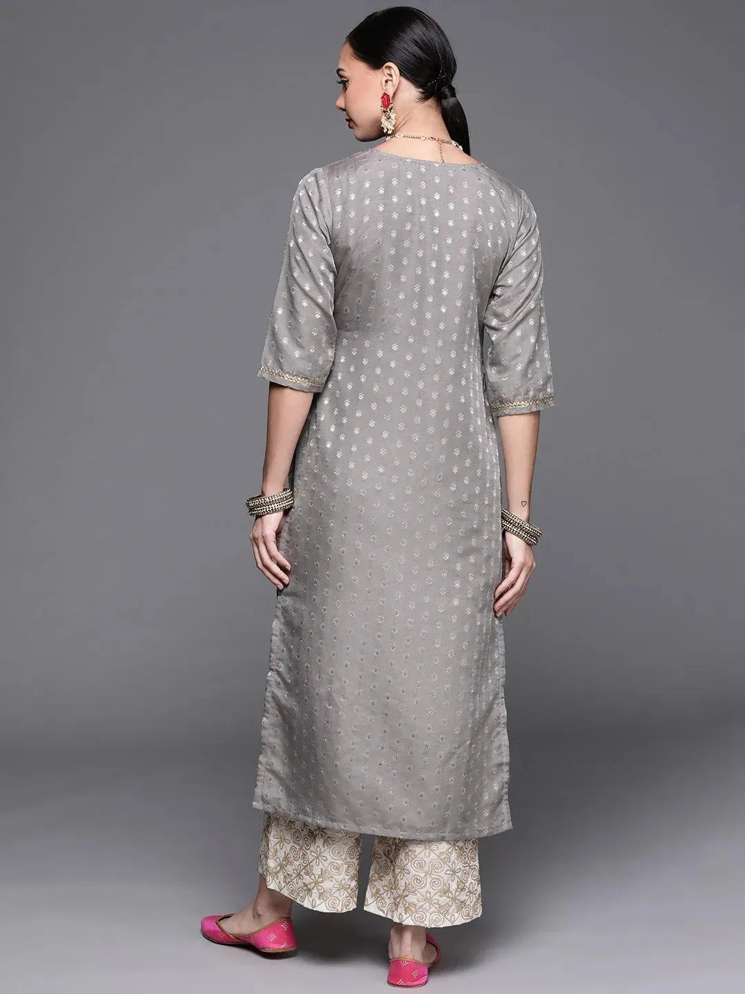 Grey Woven Design Chanderi Silk Kurta - Libas 