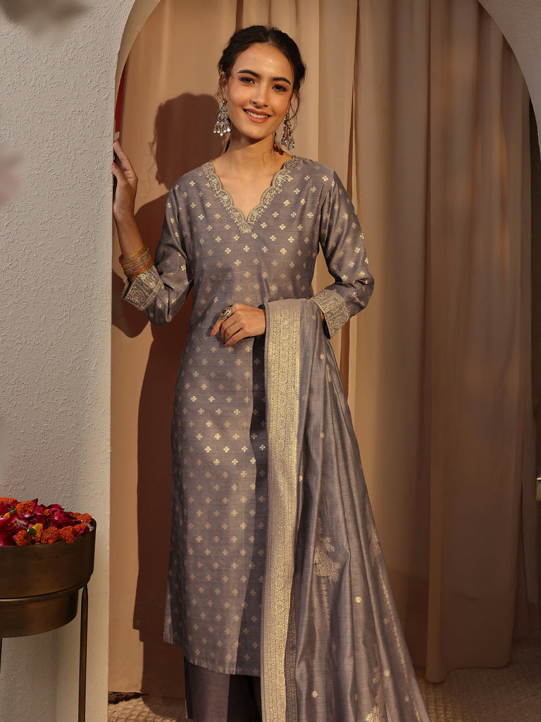 Libas Grey Woven Design Chanderi Silk Straight Suit Set With Dupatta