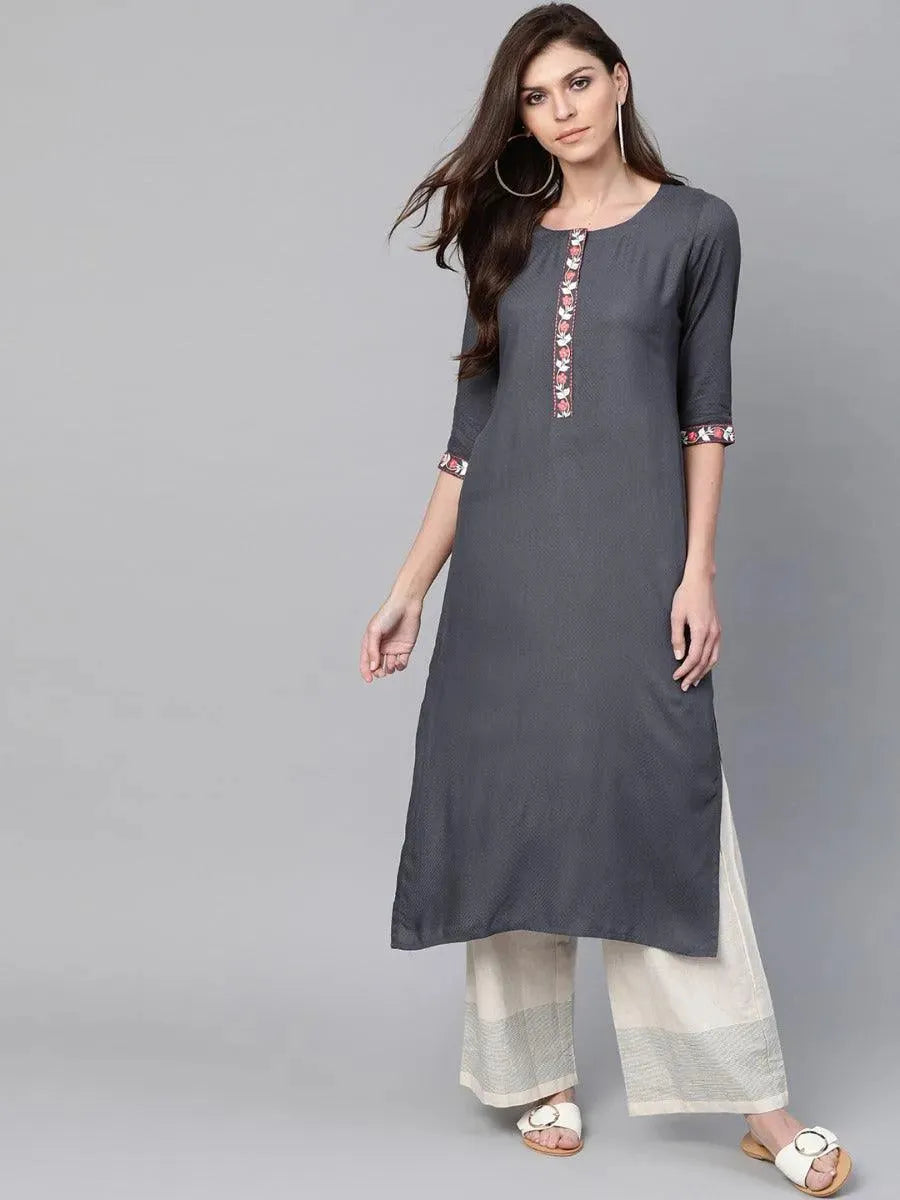 Grey Woven Design Cotton Kurta - Libas