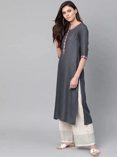 Grey Woven Design Cotton Kurta - Libas