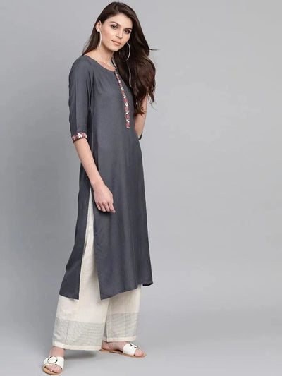 Grey Woven Design Cotton Kurta - Libas