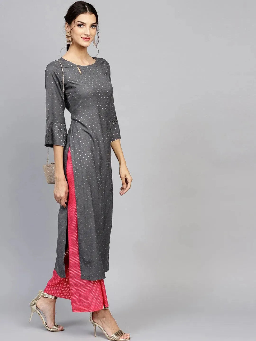 Grey Woven Design Rayon Kurta - Libas