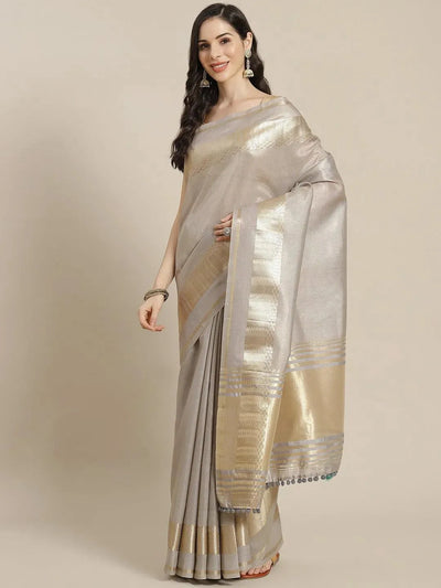 Grey Woven Design Silk Blend Saree - Libas