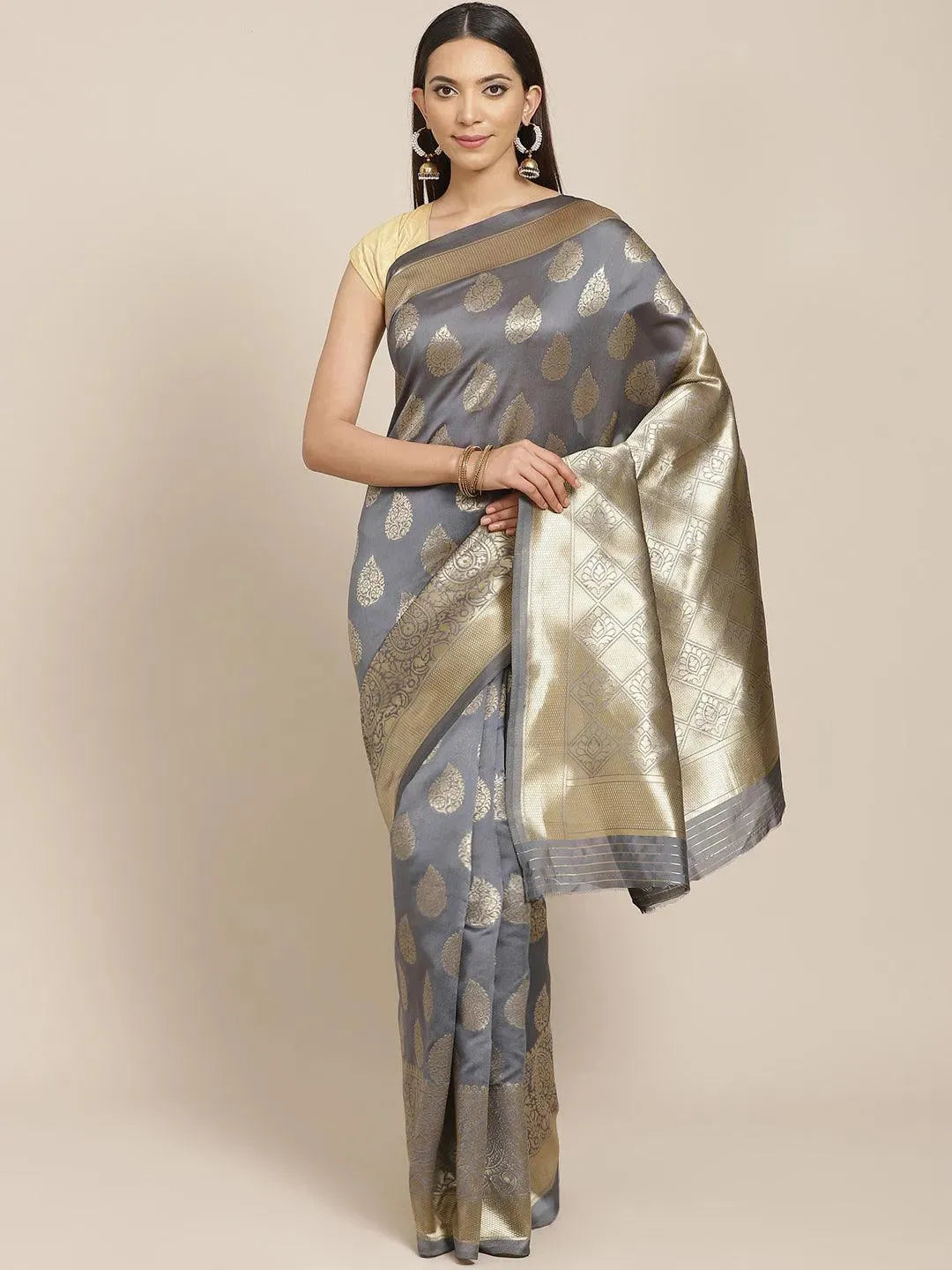 Grey Woven Design Silk Blend Saree - Libas