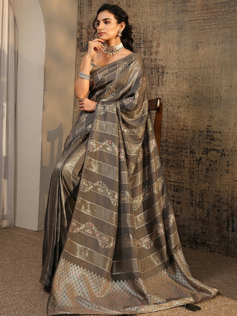 Libas Grey Woven Design Silk Blend Saree With Unstitched Blouse Piece