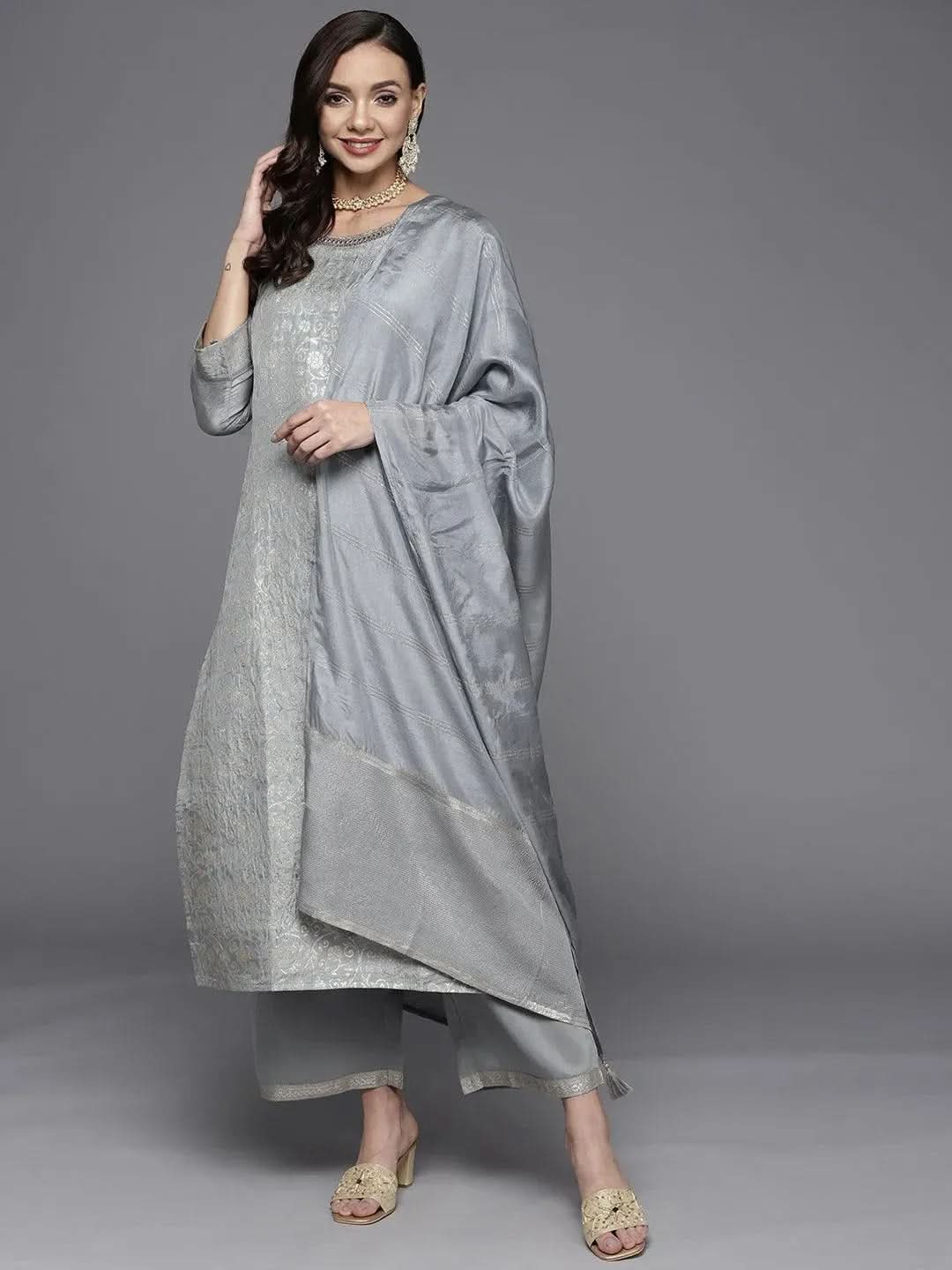 

Grey Woven Design Silk Blend Straight Kurta With Palazzos & Dupatta