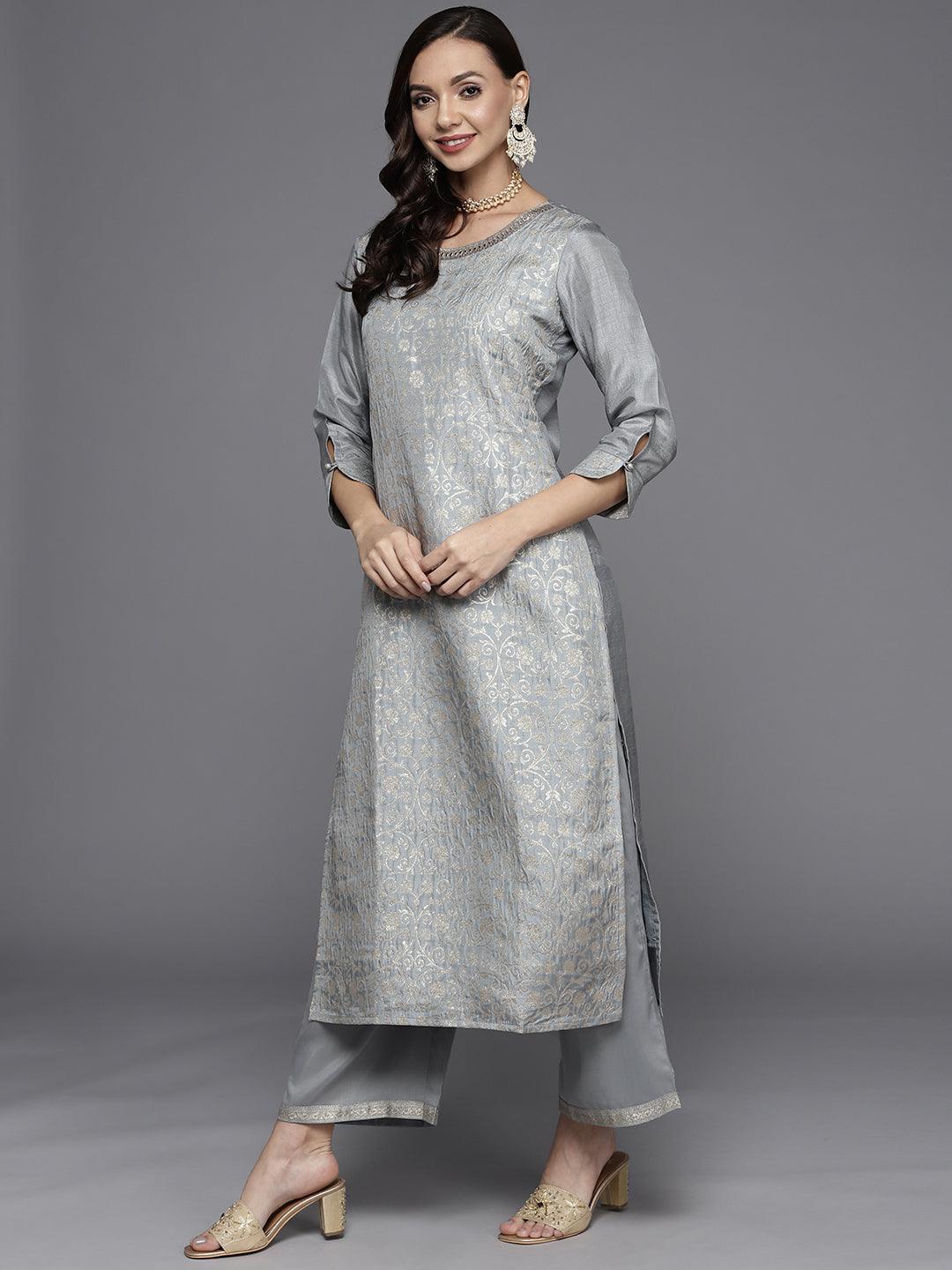 Grey Woven Design Silk Blend Straight Suit Set - Libas