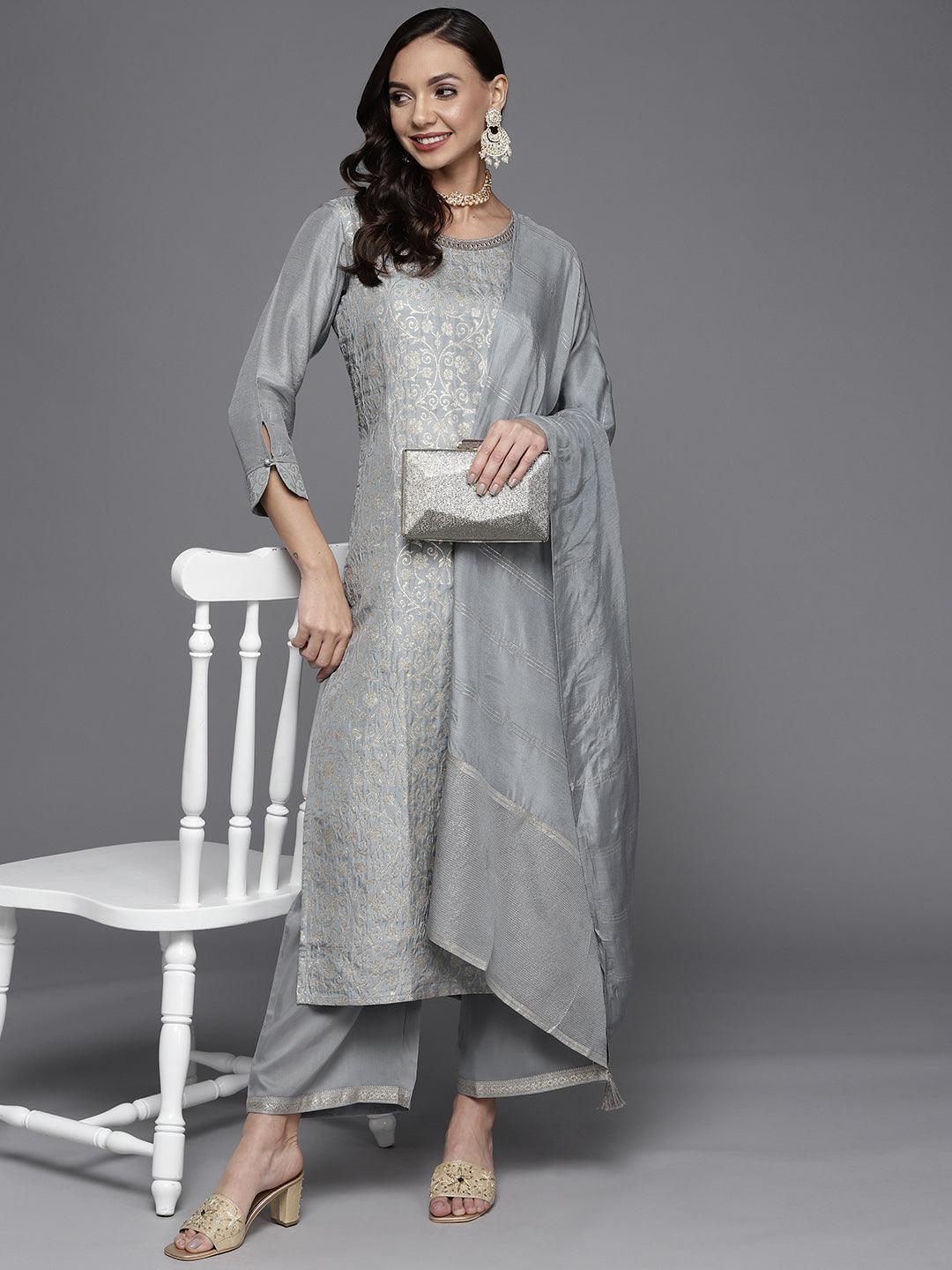 Grey Woven Design Silk Blend Straight Kurta With Palazzos & Dupatta