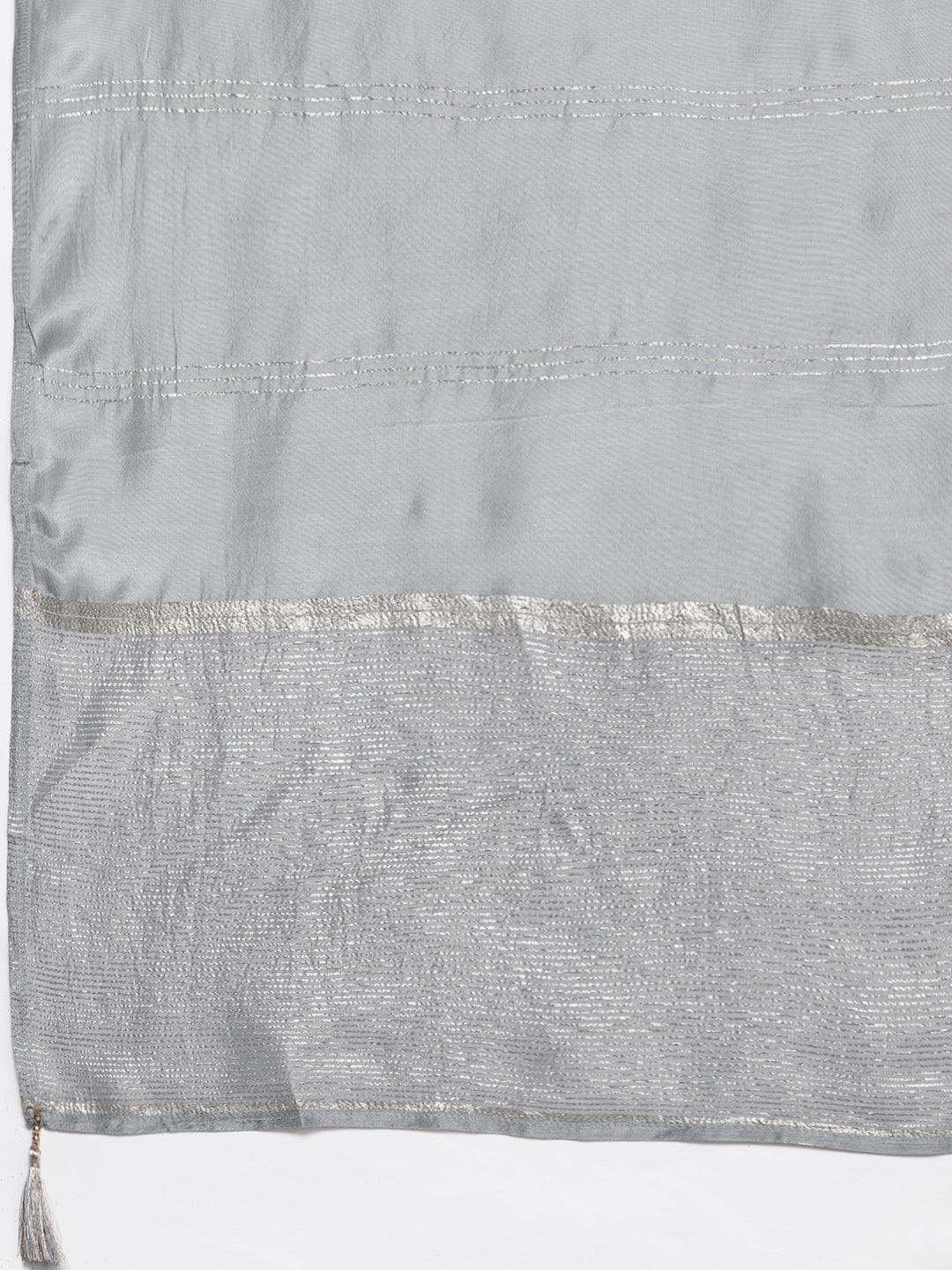 Grey Woven Design Silk Blend Straight Kurta With Palazzos & Dupatta