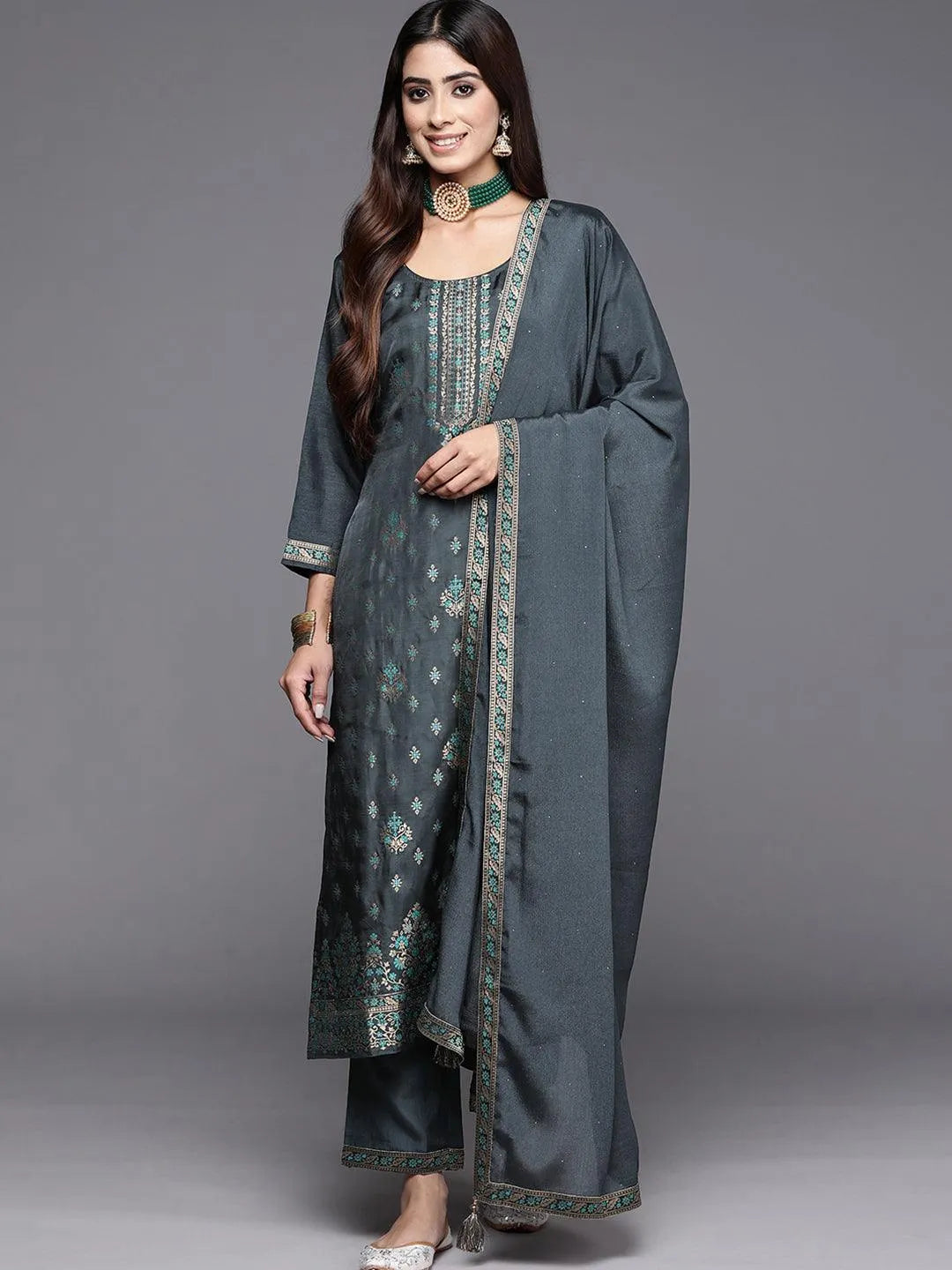 Grey Woven Design Silk Blend Straight Kurta With Trousers & Dupatta - Libas