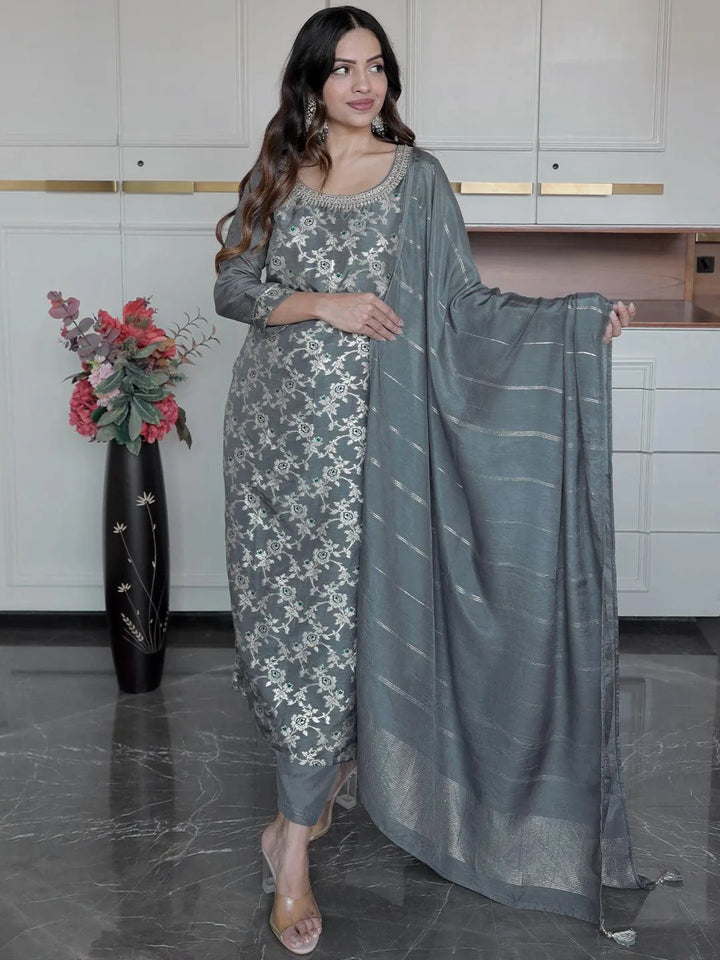 Grey Woven Design Silk Blend Straight Kurta With Trousers & Dupatta - Libas