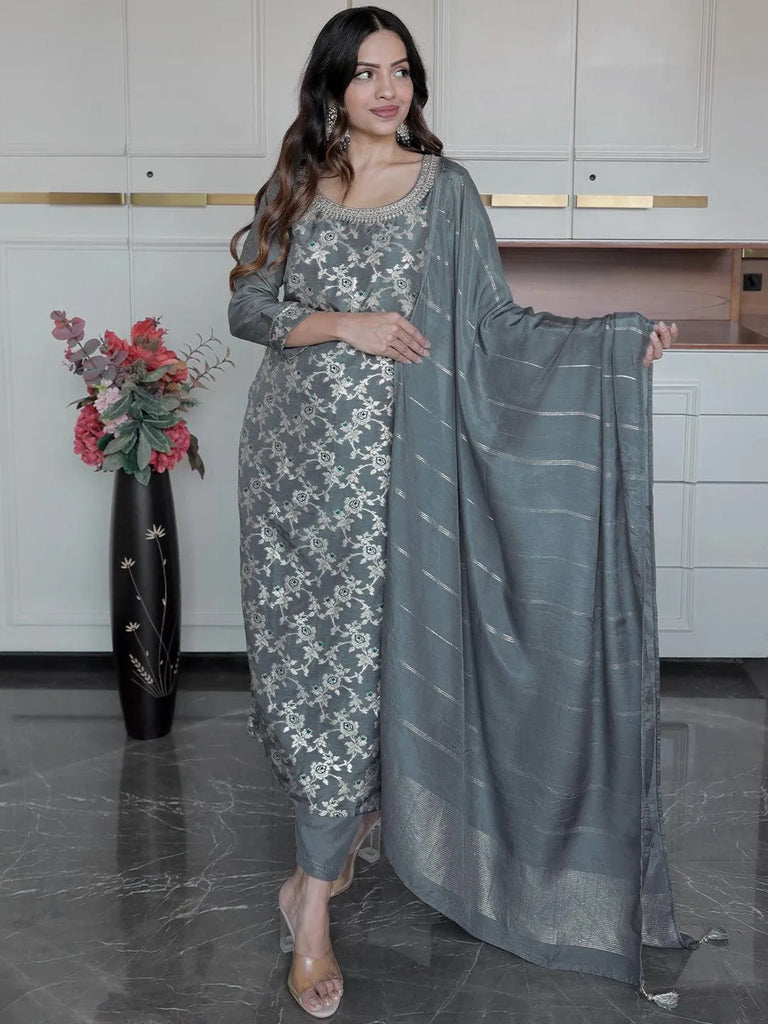 Libas Grey Woven Design Silk Blend Straight Suit With Dupatta