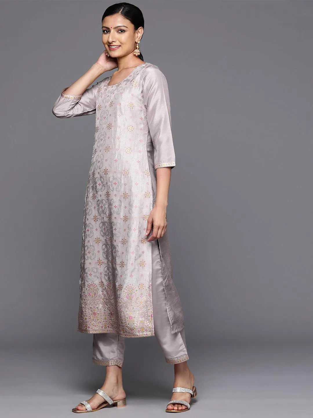 Grey Woven Design Silk Blend Straight Kurta With Trousers & Dupatta - Libas 