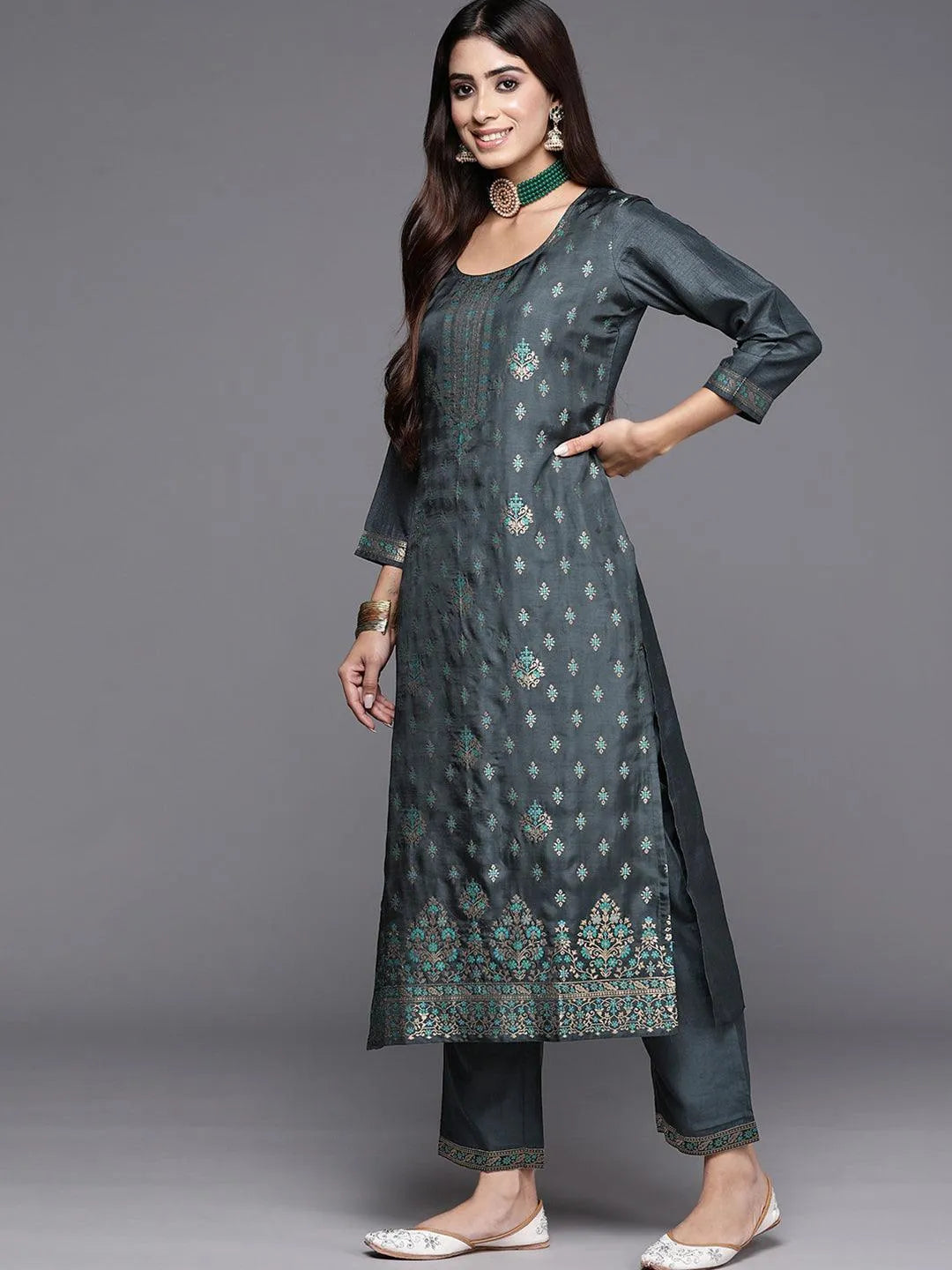 Grey Woven Design Silk Blend Straight Kurta With Trousers & Dupatta - Libas 
