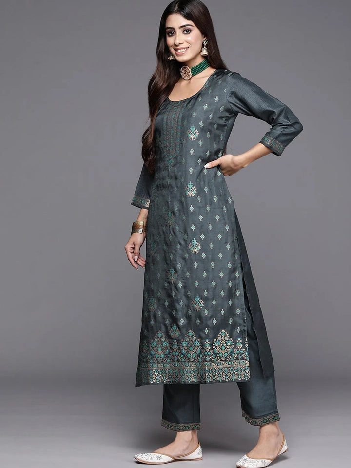 Grey Woven Design Silk Blend Straight Kurta With Trousers & Dupatta - Libas