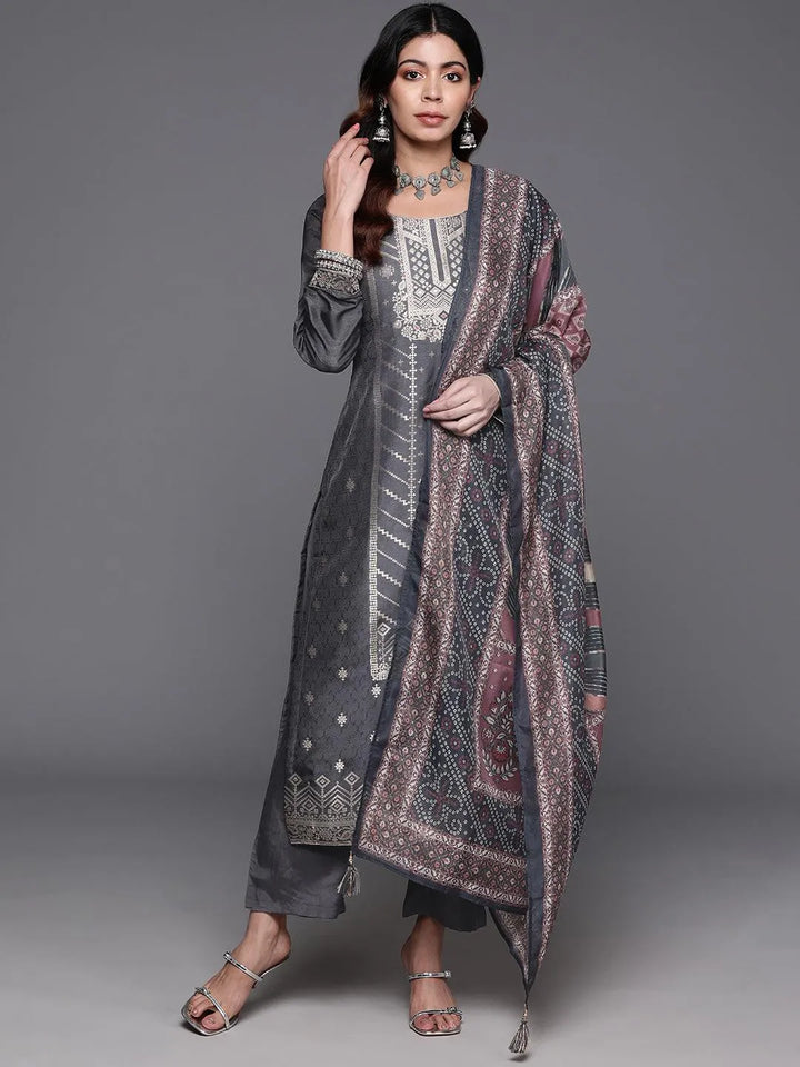 Grey Woven Design Silk Blend Straight Kurta With Trousers & Dupatta - Libas