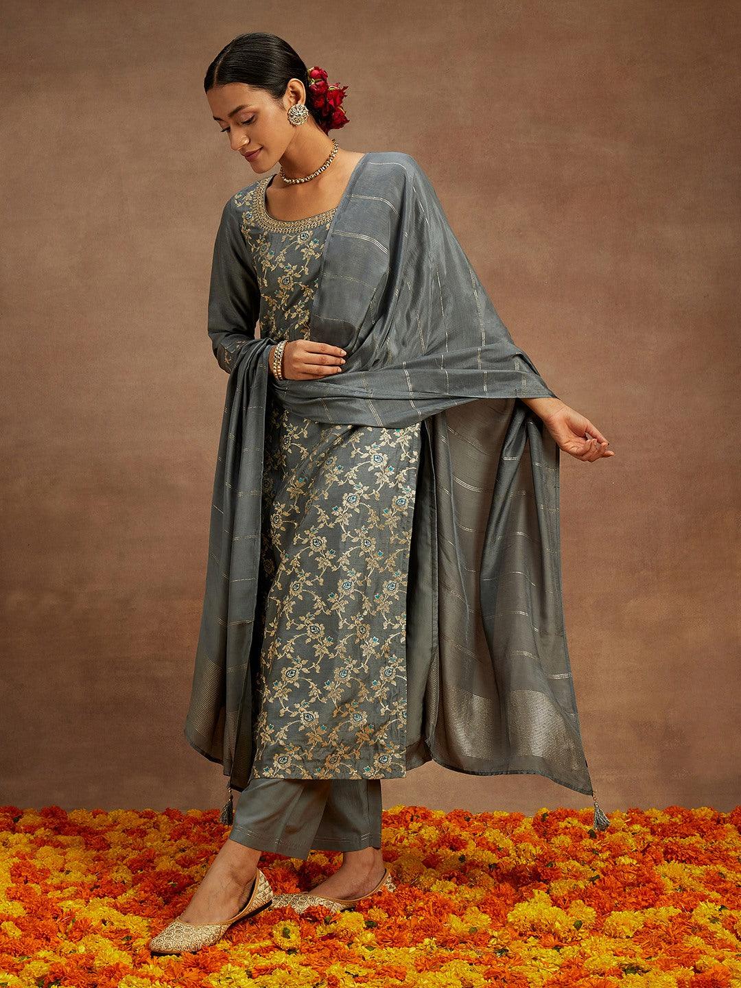 Grey Woven Design Silk Blend Straight Suit With Dupatta