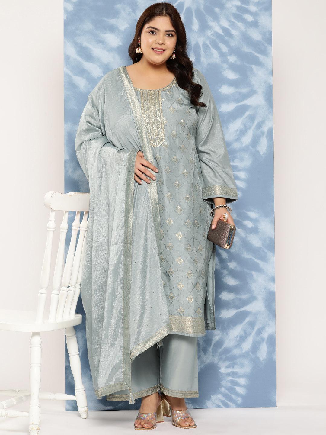 Grey Woven Design Silk Blend Straight Kurta With Trousers and Dupatta