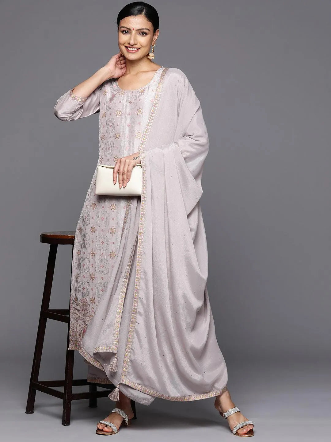 Grey Woven Design Silk Blend Straight Kurta With Trousers & Dupatta - Libas 