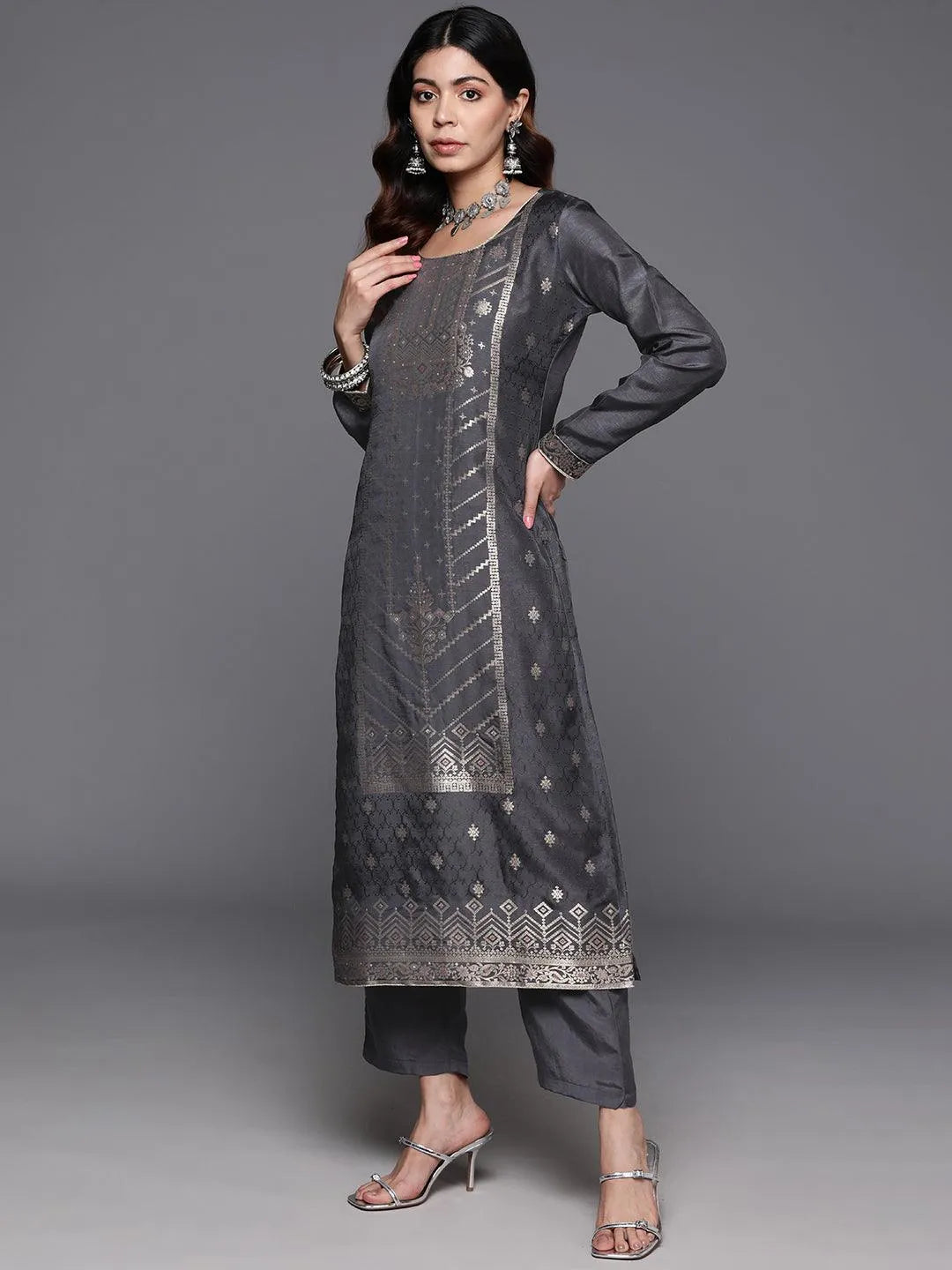 Grey Woven Design Silk Blend Straight Kurta With Trousers & Dupatta - Libas 